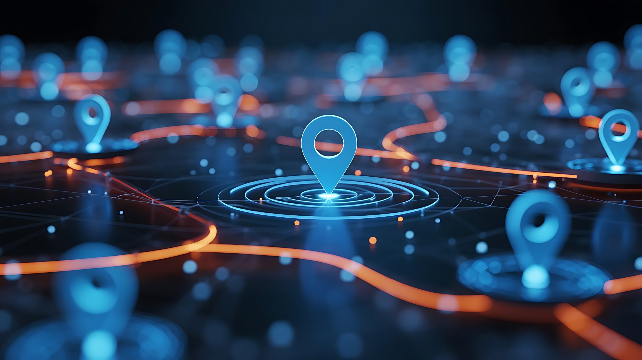 A complex digital network visualization featuring glowing blue location pins and interconnected pathways, representing global data and navigation.