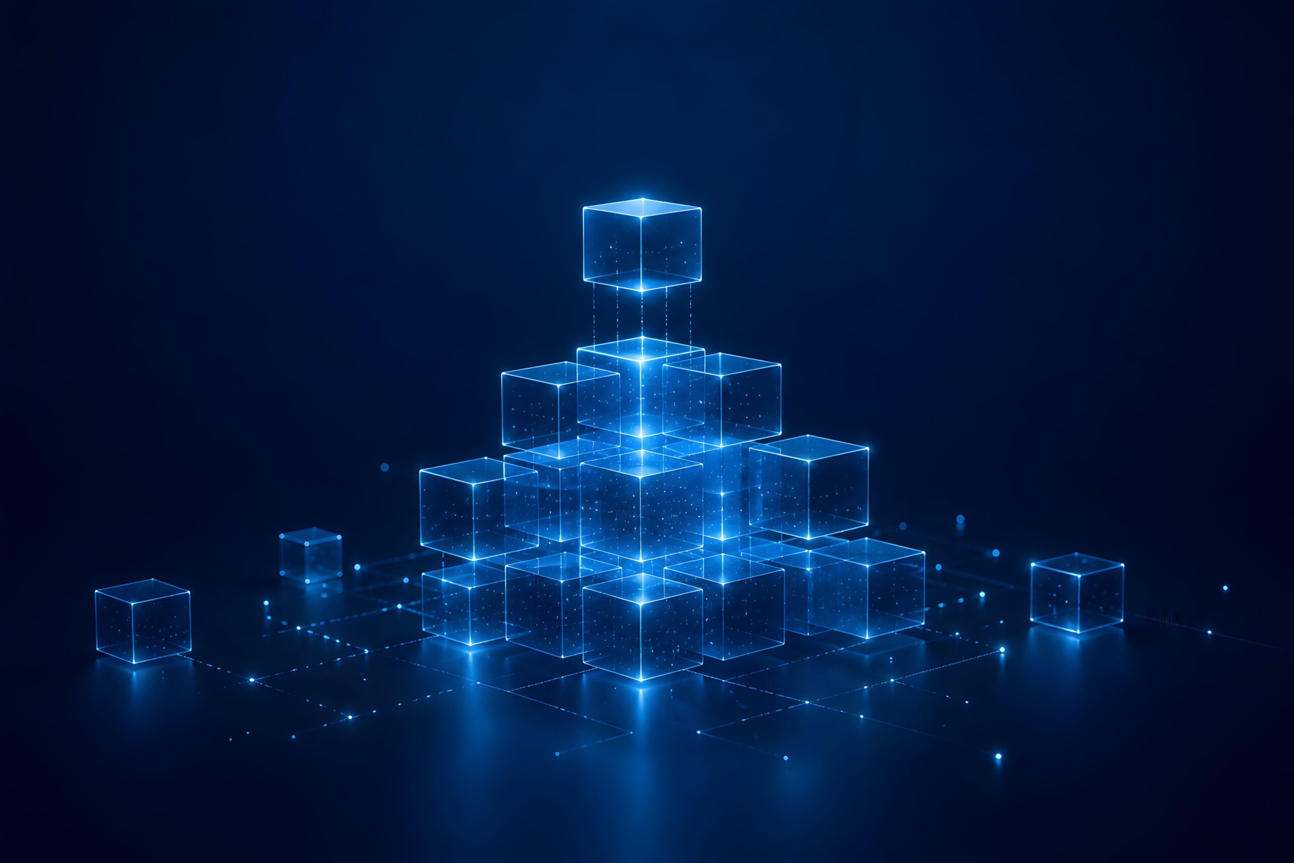 Futuristic digital data block structure. Glowing blue transparent cubes stacked in a pyramid representing blockchain hierarchy and database network.