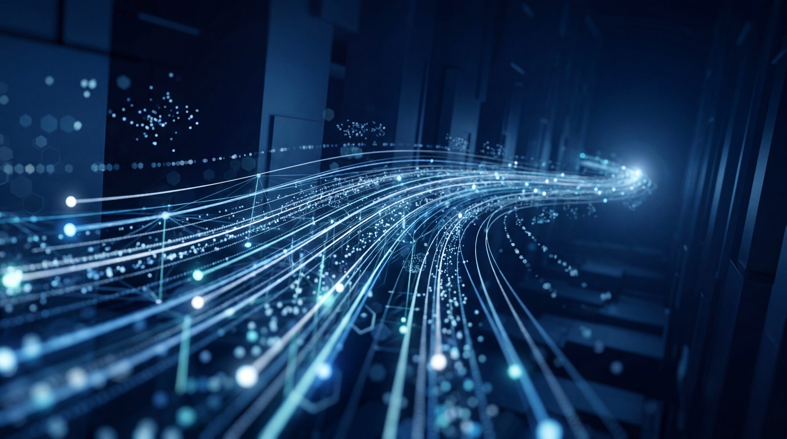 Digital data stream flowing through fiber optic cables in cyberspace