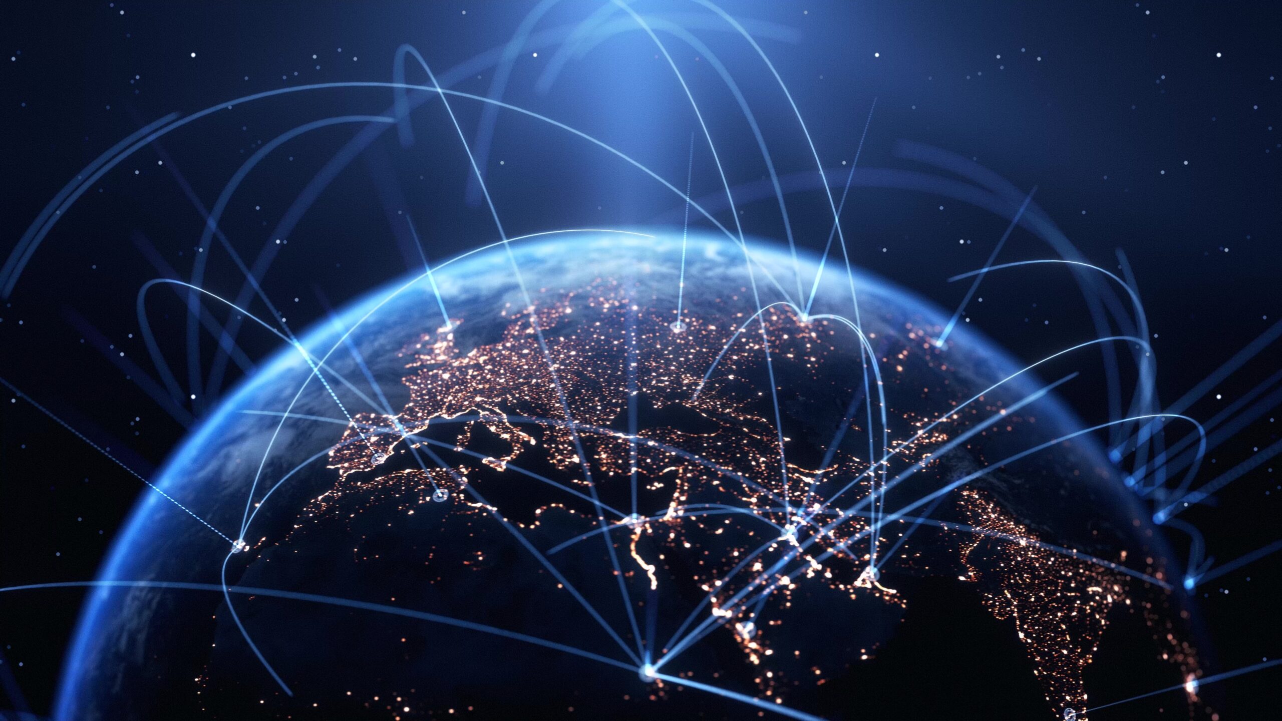 Global Connection Lines. Earth Network Data Transfer. Futuristic AI Technology, 5G, Globe Satellite Communication, Internet Connectivity, Big Data, Digital World Background Animation. Crypto Exchange.