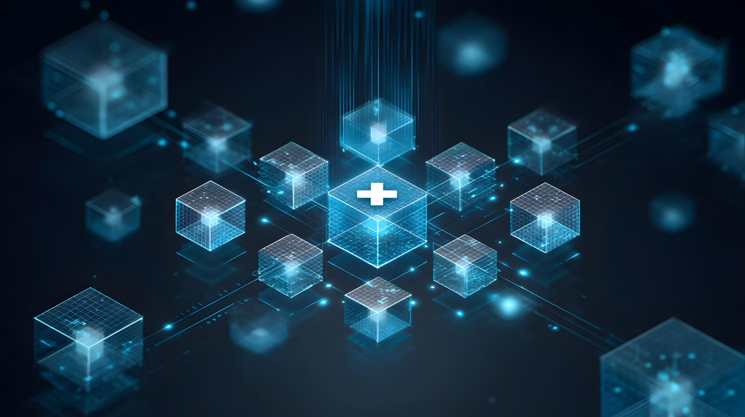 A secure healthcare data network visualization with glowing blockchain cubes forming interconnected medical record exchange